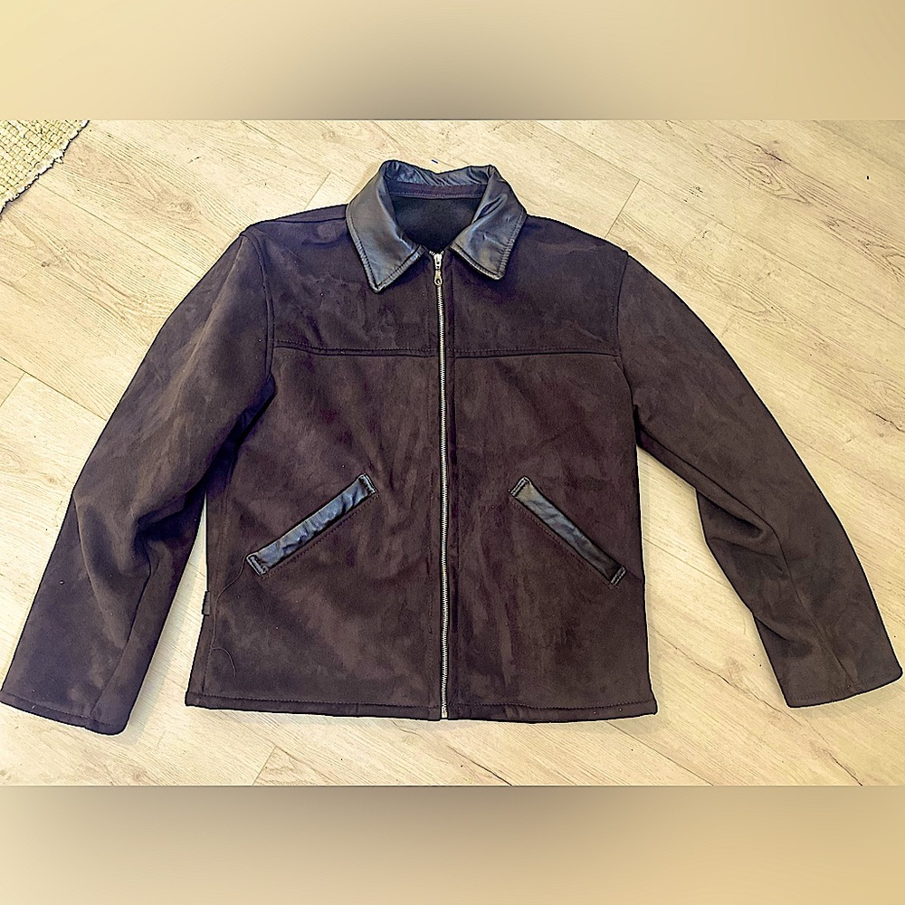 A. COLLEZIONI Italian Shearling Suede & Leather Trim Jacket Coat Size Medium